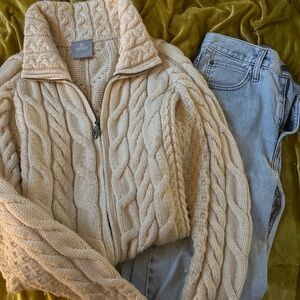 Women's Cream Cable Knit Zip Up Sweater